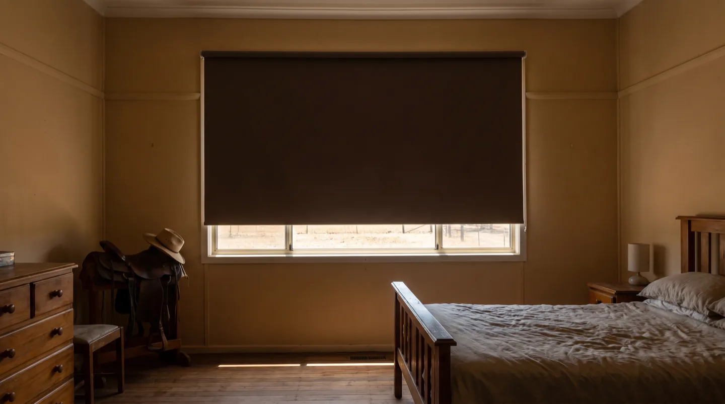 A country bedroom at midday with a blockout roller blind lowered, a thin line of bright light glowing under the bottom rail