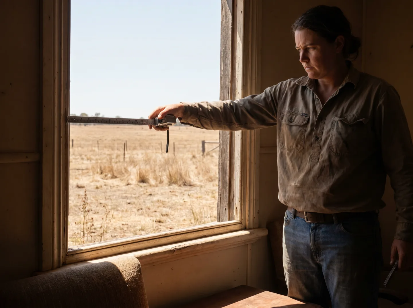 A person measuring a window frame with a tape measure in a country home