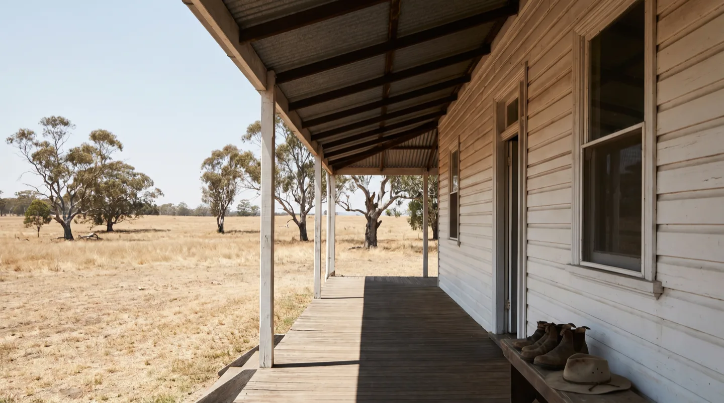 A homestead verandah casting a hard shadow line across the boards at noon
