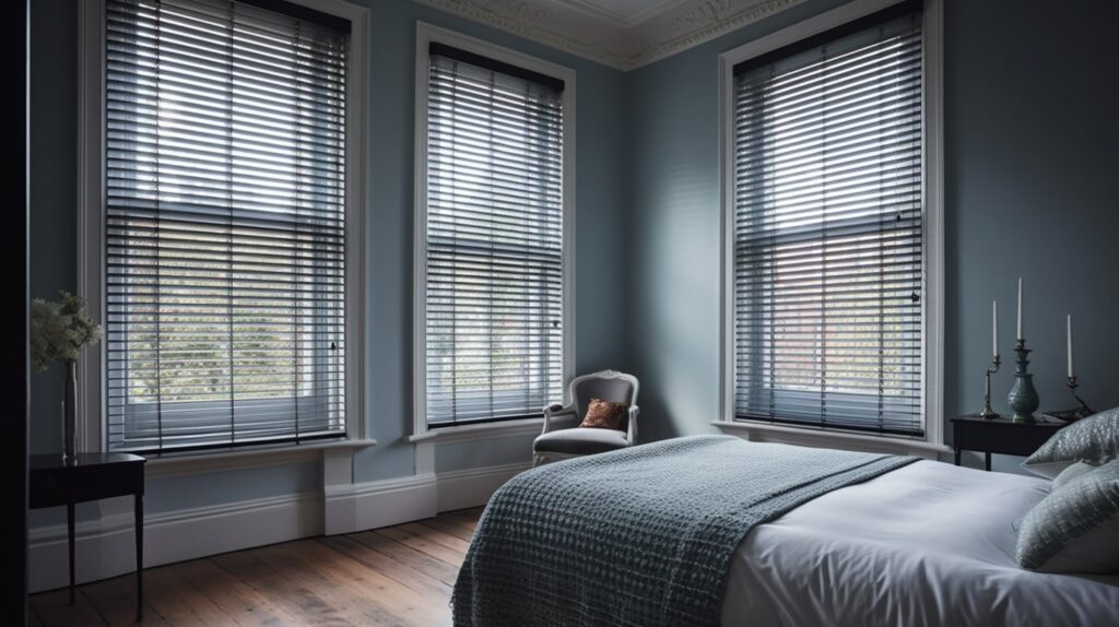 A plain bedroom with blue covers on bed, Aluminium Venetian Blinds creating a dark space