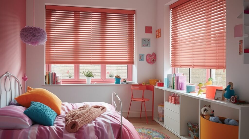 Pink Coloured Aluminium Venetian Blinds in a bedroom