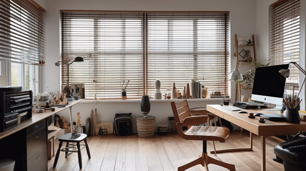 A cluttered but neat offive with Aluminium Venetian Blinds