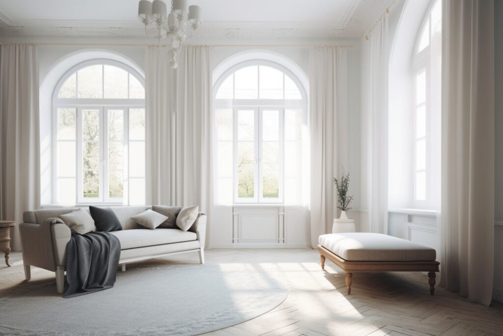 A white room with plain decor, with sheer window coverings