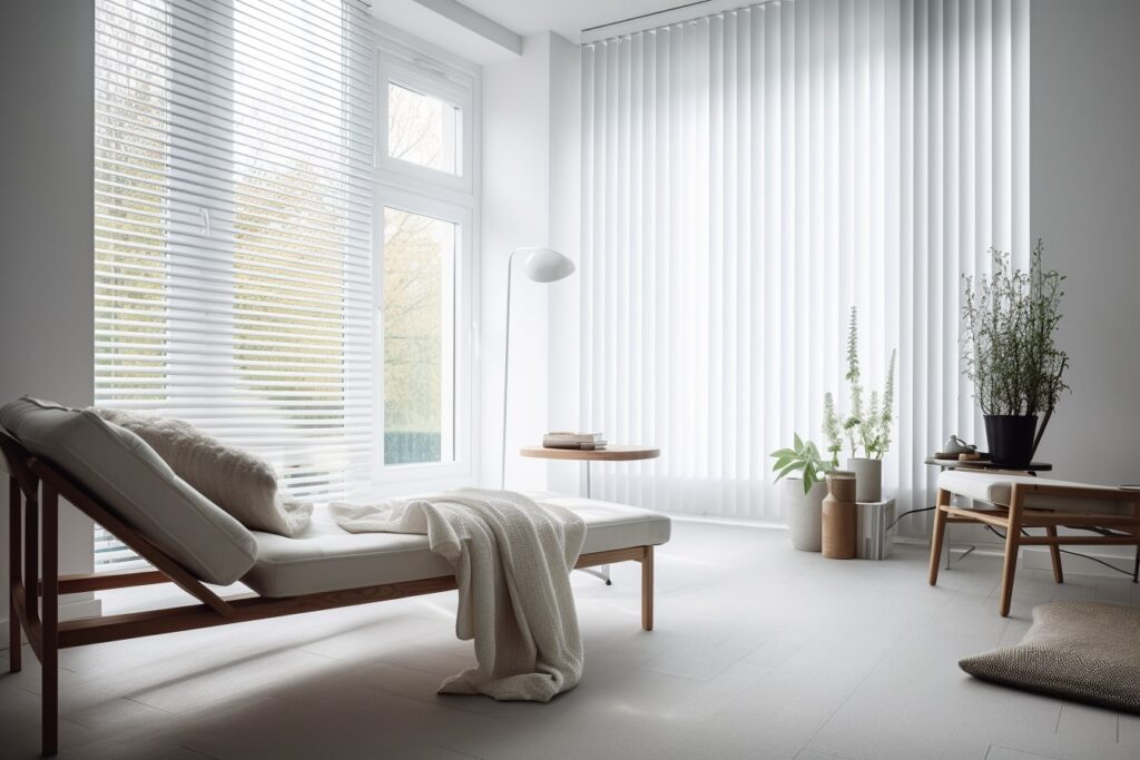 A sitting room with both vertical and horizontal blinds